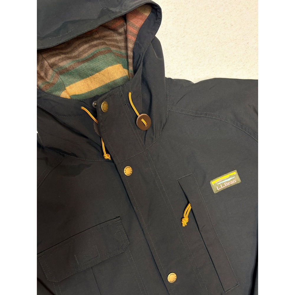 LL Bean Mens Black Field Jacket‎ Wool Blend Striped Lining Hooded Parka 510340 L